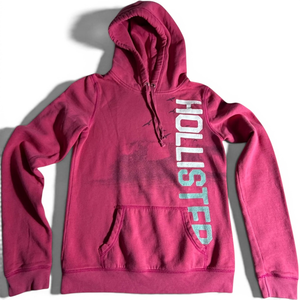 Hollister Womens Pink Graphic Pullover Hoodie Y2K Logo Fleece Sweatshirt Large